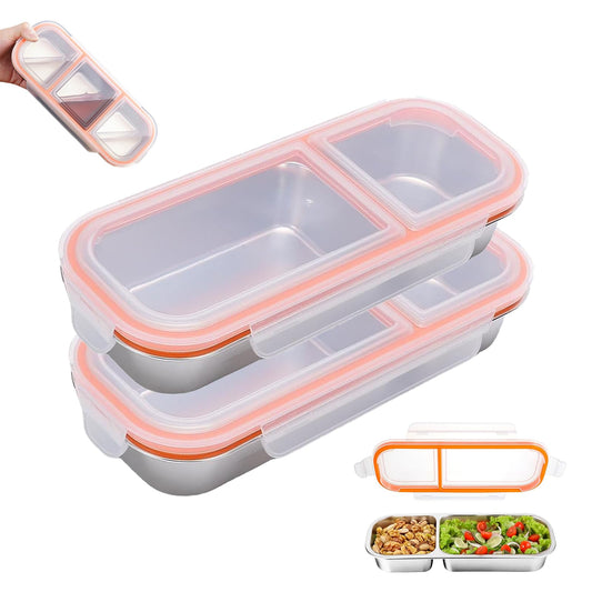 Reusable Stainless Steel Snack Containers with Lids – 10.3" x 4" 3 Compartment Snackle Box, Leak-Proof Metal Snack Containers for Kids & Adults, Divided Food Storage Box (2 Compartment 2 Pack) BST220