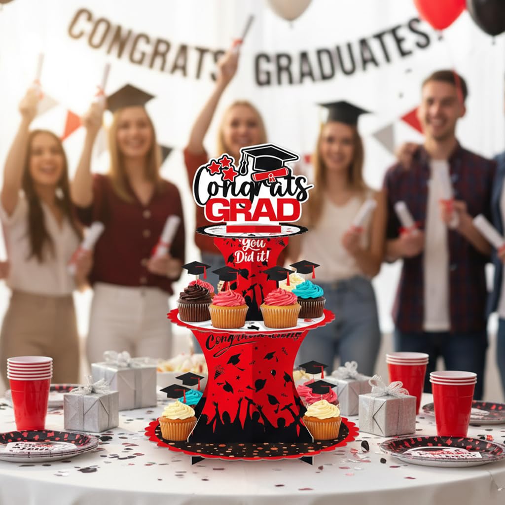 Graduation Cupcake Stand Decoration, 3 Tier Congrats Grad Party Cupcake Holder Tower, Cardboard Grad Theme Dessert Cookies Stand for Graduation Party Supplies Favors (Black & Gold) BST220