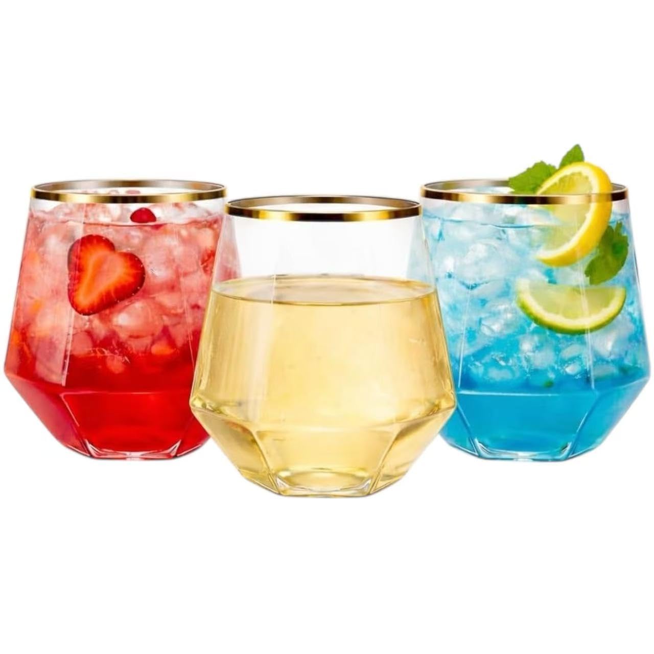 Oojami 40 Pack Diamond Disposable Plastic Wine Glasses 12oz for Parties | Stemless Wine Cups, Champagne Cocktail Whiskey - Shatterproof Unbreakable Reusable Recyclable BPA-Free, Weddings Birthday BST220