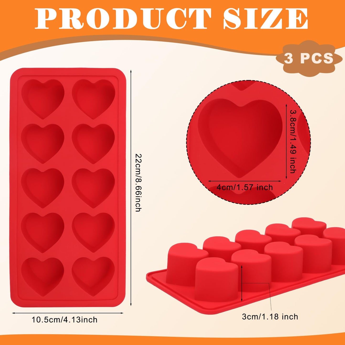 3PCS Heart Shaped Mold Silicone, 10-Cavity Chocolate Heart Mold Silicone Small Non-stick Mould for Baking Homemade Treats Mould for Candy Jelly Gummy Food Candles Epoxy Resin Valentine Crafts BST326L