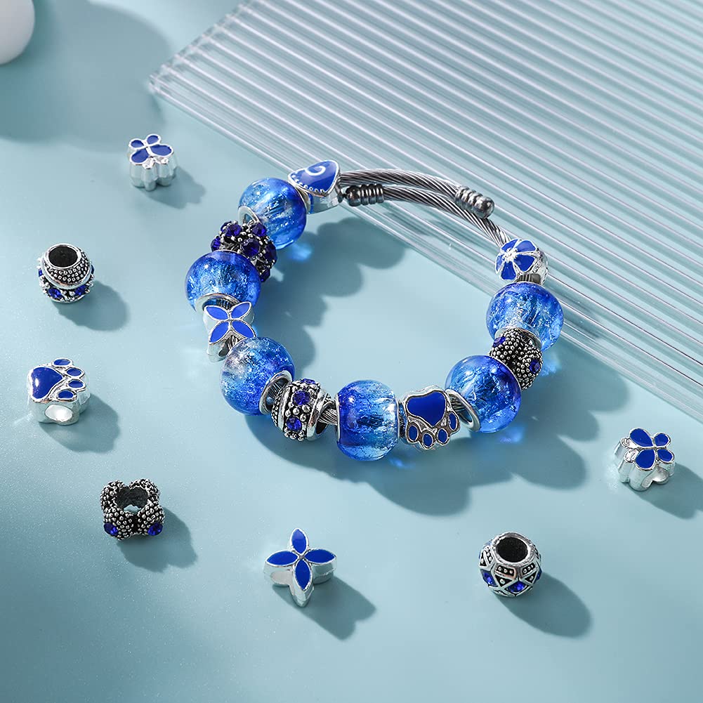 60 Pieces Assorted European Beads with Plating Silver Metal Alloy Rhinestone Large Hole Spacer Beads for DIY Charm Bracelet Jewelry Making (Blue) BST220