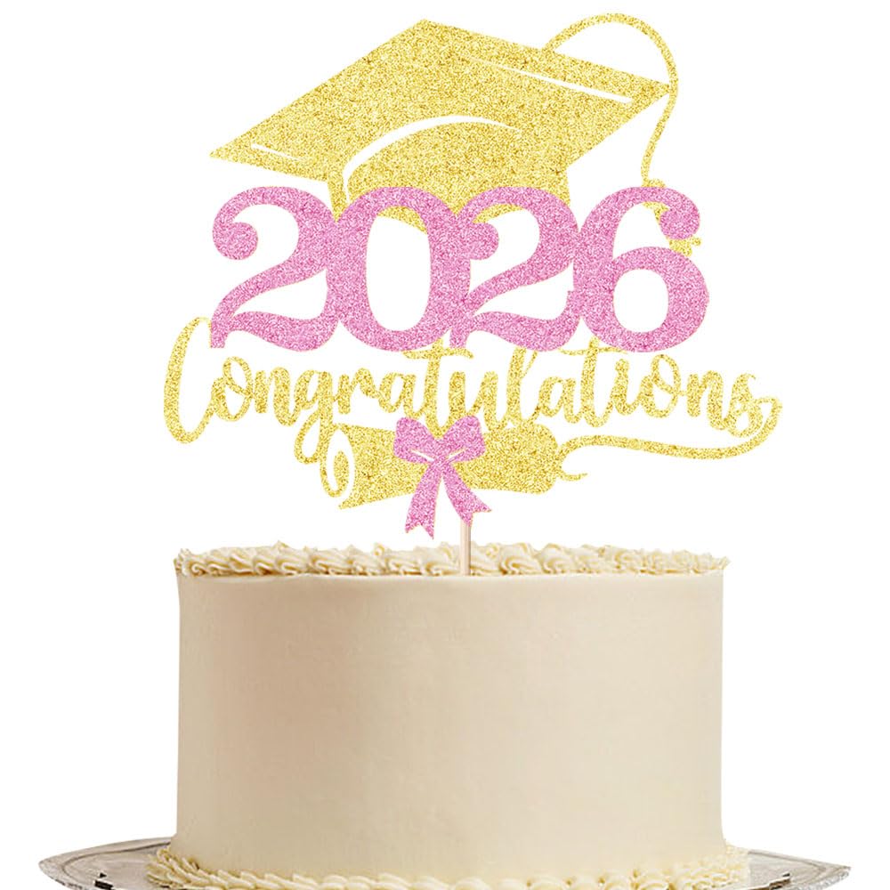 Class of 2026 Cake Topper | Gold Glitter Grad Cap Cake Pick-Boys Girls primary school High School College 2026 Graduation Theme Party Cake Decor Supplies BST202