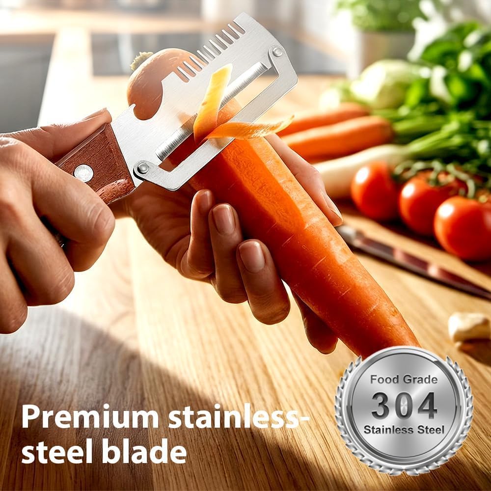 1 Pack New Multifunctional Vegetable Peeler with Wooden Handle and Bottle Opener, Stainless Steel Peeler for Kitchen, Multi Functional Vegetable Peeler for Fruit Potato Carrot Pumpkin Zucchini BST326L