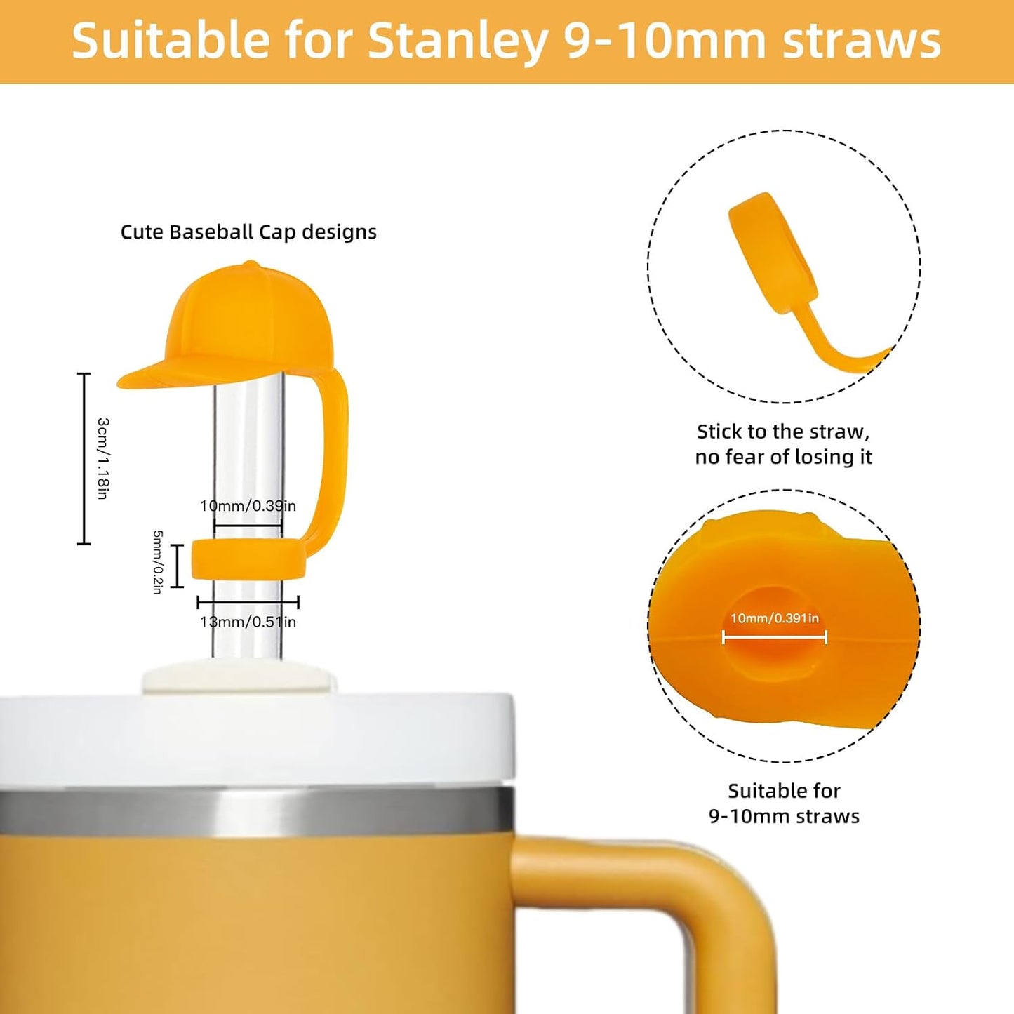 Straw Covers Cap for Tumblers 4 Pcs Yellow Hat Stanley Cup Toppers 0.4 in 10 mm Silicone Cute Straws Stoppers Tips for Water Bottle 30 & 40 Oz Cups with Handle Accessories Proof Dust Lids WN420