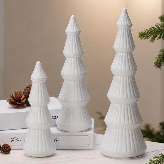 Wooden Christmas Tree Figurine, 3 Pcs Tabletop Xmas Tree, Christmas Centerpiece Decor for Home Entryway Mantel Shelf Table Fireplace Holiday (White-Wood) BST326H