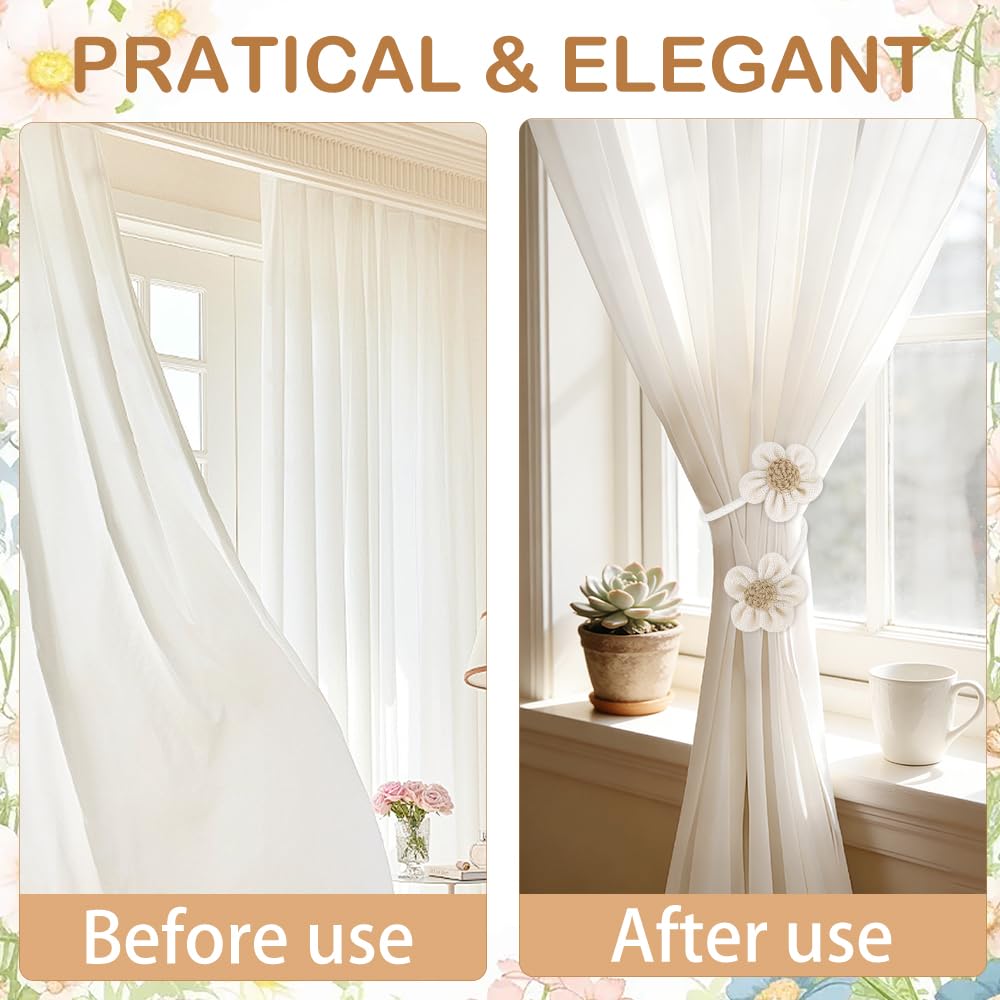 Flower Curtain Tiebacks, 2 Pack Cute Curtain Tie Backs Decorative Curtains Ties Set Tie Backs Holders for Windows Elegant Curtains Holdbacks for Home Office Bedroom Living Room Decoration(Beige) BST326H