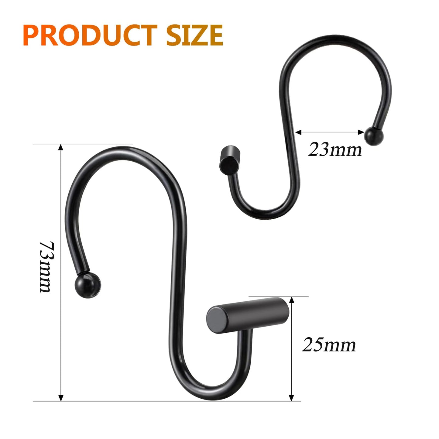 Black Shower Curtain Hooks S Hooks for Hanging Shower Hooks 12 Pack Metal Rustproof Rings with T-Bar Design, Elegant & Durable, Easy to Install for Bathroom, Kitchen, or Wardrobe Rods Curtain Rings BST220