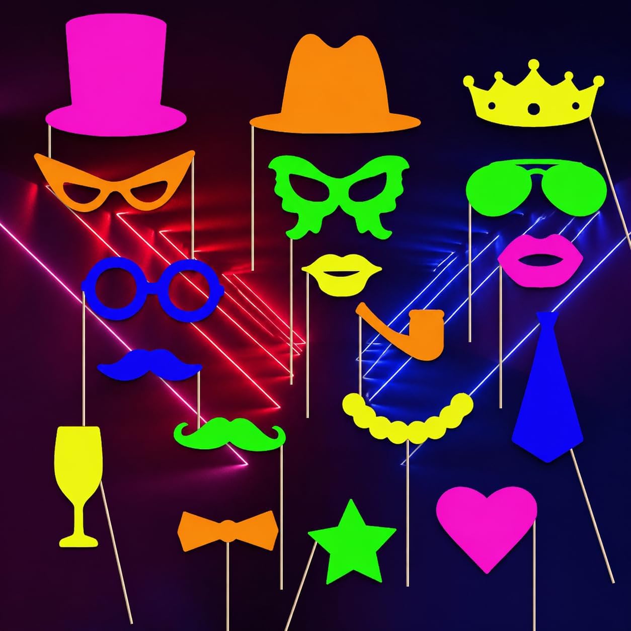 18 Pcs Neon Photo Booth Props for Kids, UV Black Light Fluorescent Selfie Posing Supplies, Let's Glow Crazy Party Decorations for Boys Girls Birthday, Sleepover, Teen Glow in the Dark Party Favors BST326L