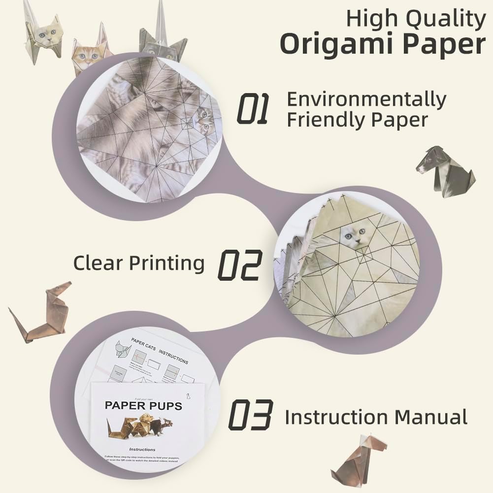 Origami Kit Cats and Dogs, 100 Sheets Diy Paper Cats Kit, Paper Dogs Origami for Kids & Adults,Desk Decoration & Gift for Pet Lovers (Cat 50pcs+ Dog 50pcs) WN420