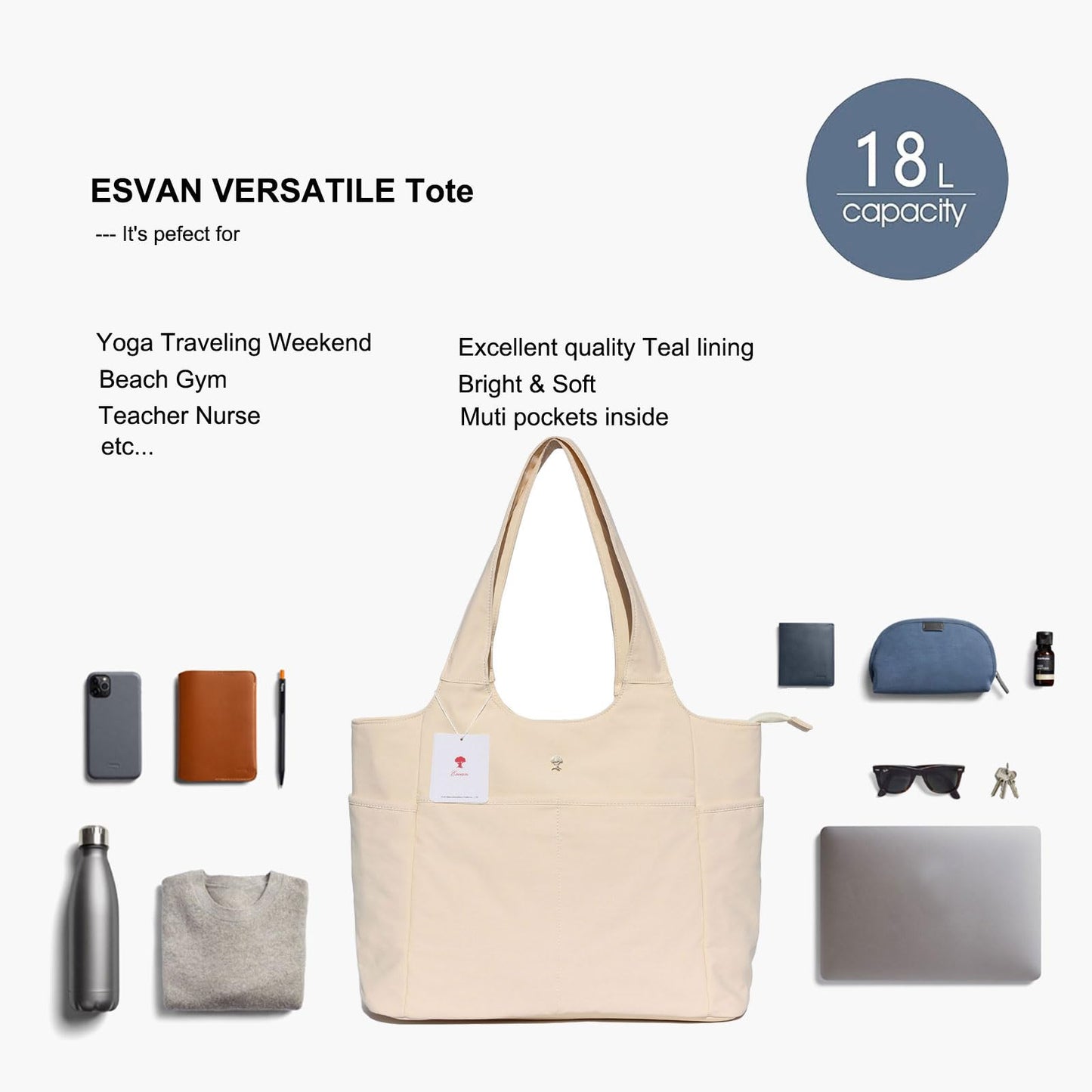 ESVAN Yoga Tote Bag Mat bag Women Shoulder Bags Carryall Tote for Travel Office Workout Gym Nurse Beach BST326H