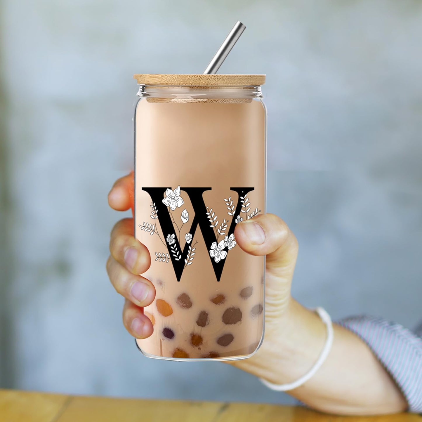 Monogrammed Initial Glass Cup with Lids and Straws gift for Women | Personalized Gift Set with Doll, 16 Oz Ice Coffee Cup ,reusable glass tumbler,Birthday Christmas Gift for Her,U WN420