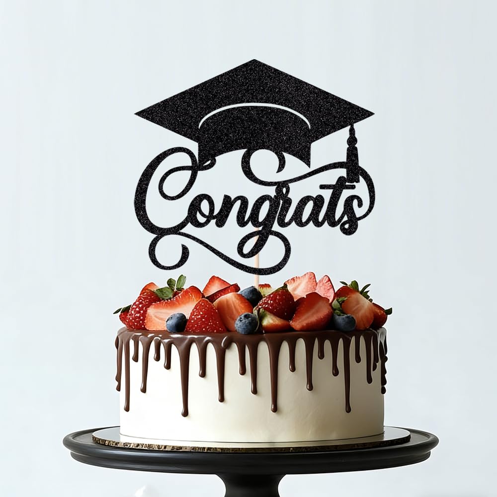 24Pcs Graduation Cupcake Topper, Glitter Class of 2026 Cupcake Topper Supplies for 2026 Congrats Grad Cap Diploma Cake Decor Graduate Celebration Party Cake Decorations Supplies (Black - 24) BST326L
