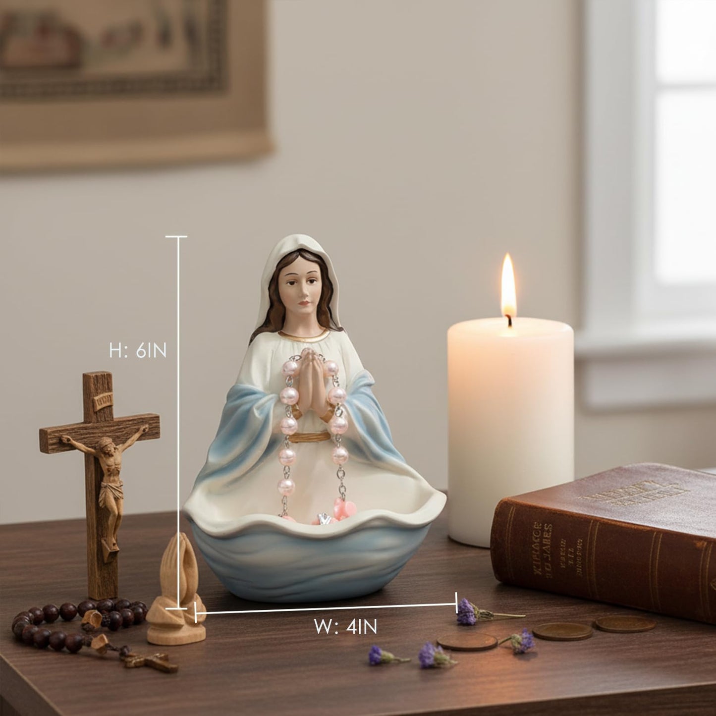 Blessed Mother Statue, Hand Painted Virgin Mary Rosary Holder Catholic Gifts for Women, 6 Inches Saint Mary Statue Religious Home Tabletop Altar Decor (Pink) BST202