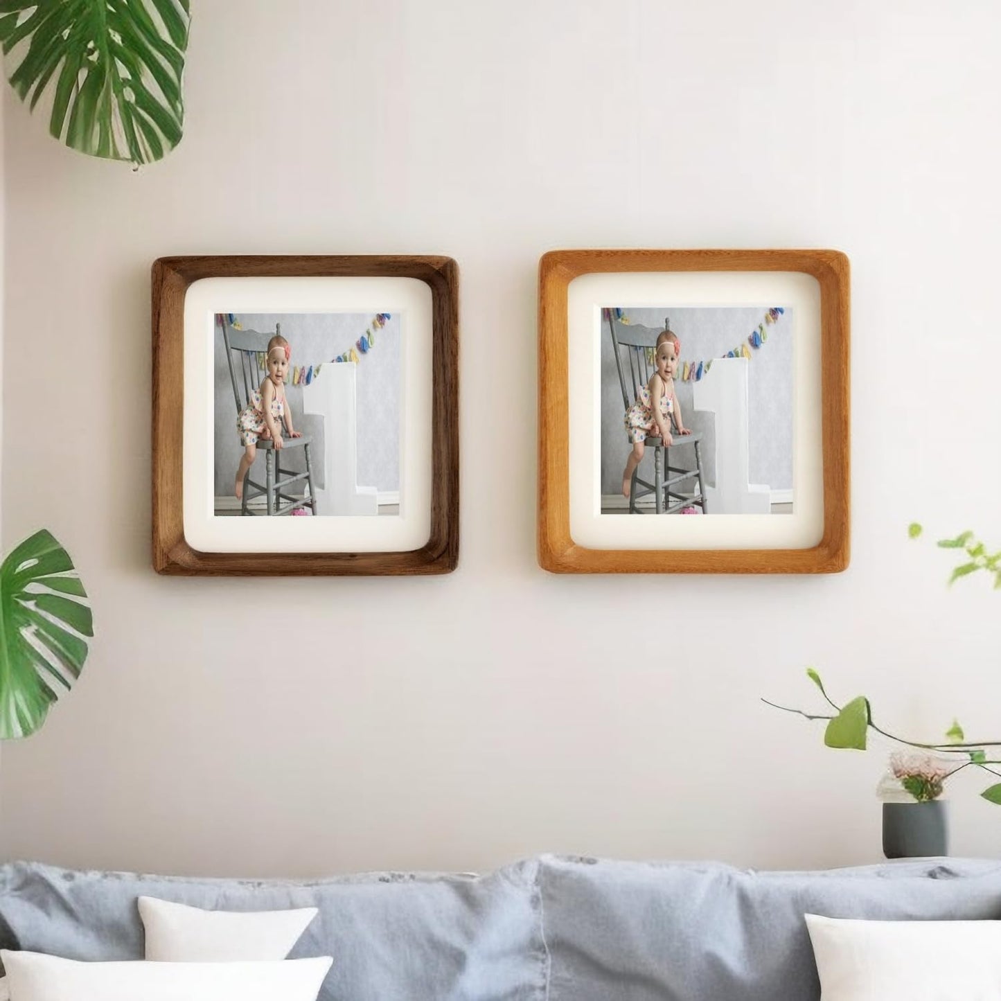6x6 Solid Teak Wood Picture Frame Matted to 4x4 | Shatterproof Plexiglass, Mortise-Tenon Build, Horizontal & Vertical Tabletop Wall Mounting Square Display Frame BST220