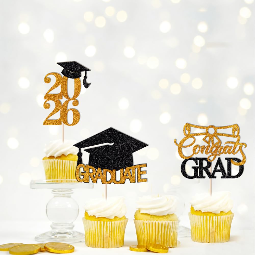 24Pcs Graduation Cupcake Topper, Glitter Class of 2026 Cupcake Topper Supplies for 2026 Congrats Grad Cap Diploma Cake Decor Graduate Celebration Party Cake Decorations Supplies (Black - 24) BST326L