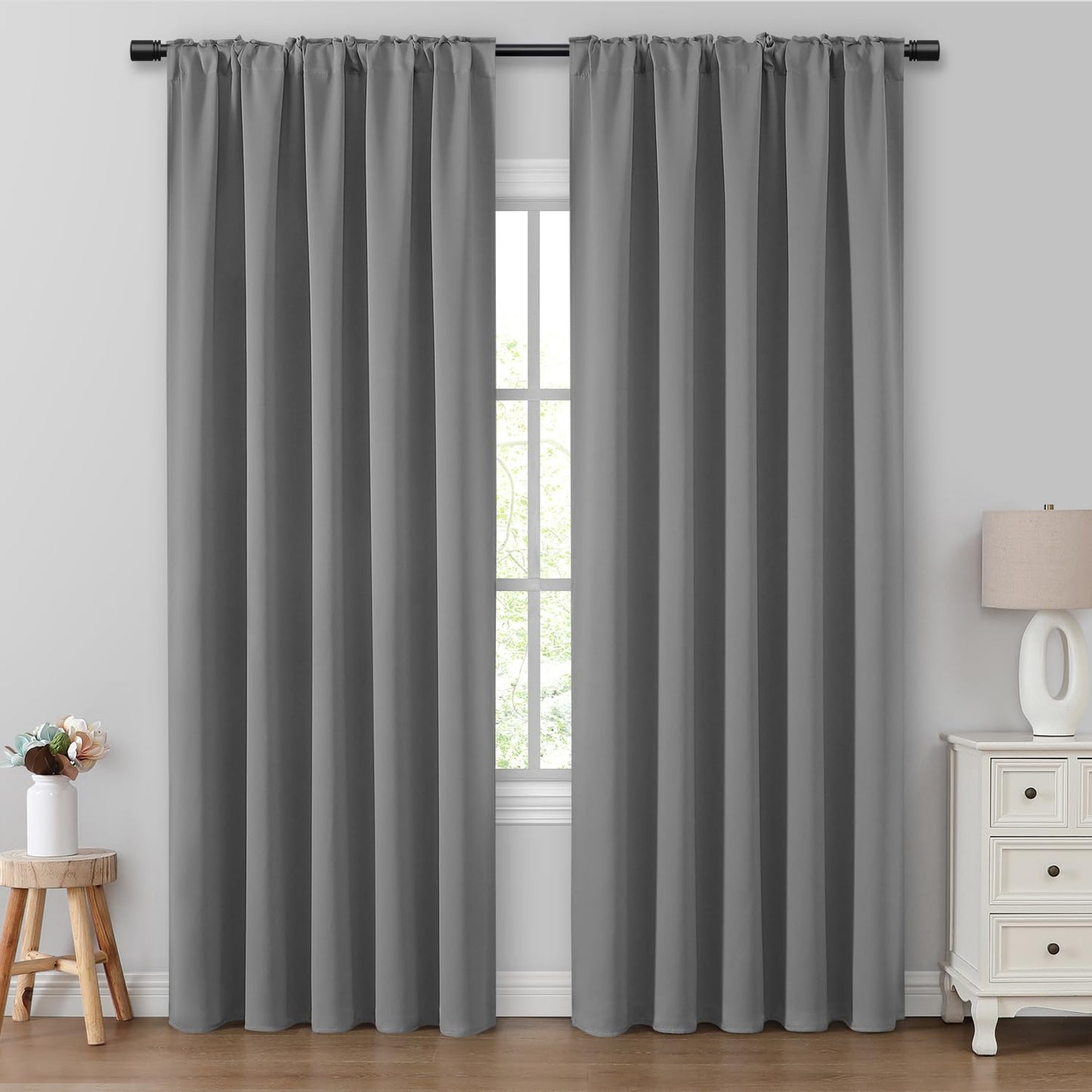 HOMEIDEAS Blackout Curtains, 2 Pages Grey Gray Room Darkening Bedroom Pinch Pleated Curtains Thermal Insulated Back Tab Rod Pocket Drapes for Bedroom, W52 x L63 BST326H