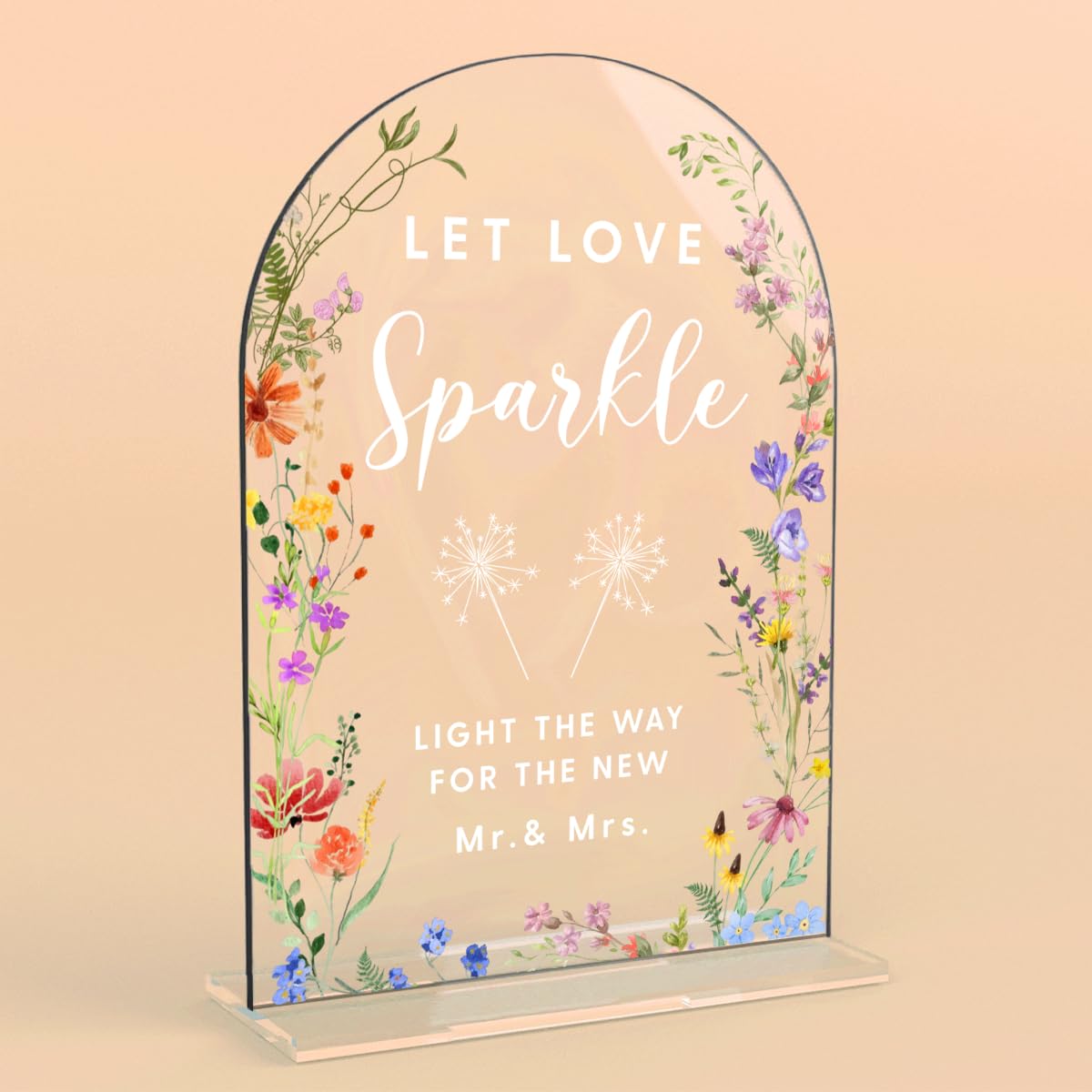 Acrylic Wedding Signs, Pick A Card Signs for Marriage Reception, Bridal Shower Decorations, Modern Arched Round Top Acrylic Table Top Sign with Holder for Wedding Party Dinner (Clear Wildflowers) BST326L