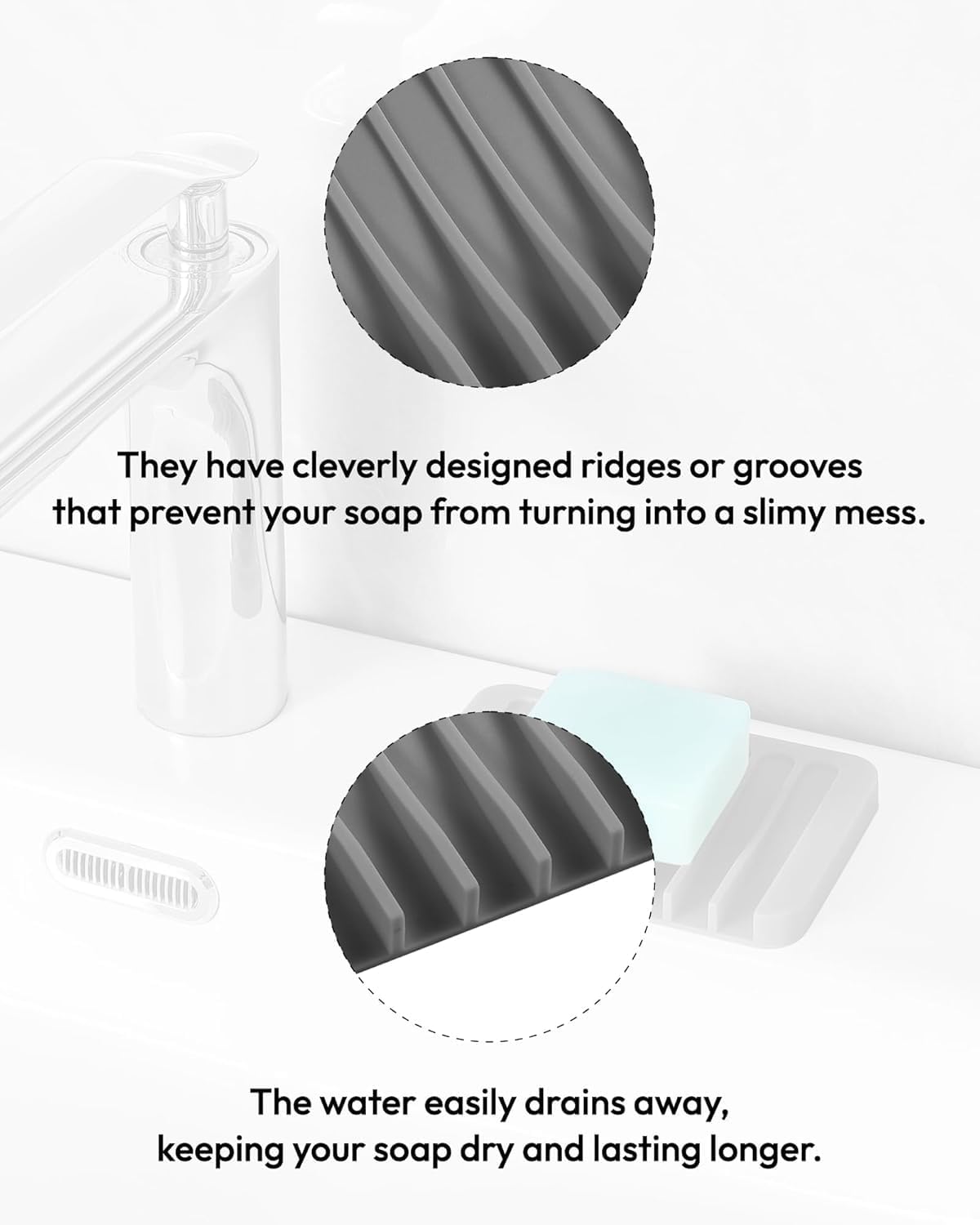 Self Draining Soap Dish for Shower, Silicone Soap Dish for Kitchen Sink, Bathroom Sink (1, Dark Gray, S(3.1"×4.5")) BST220
