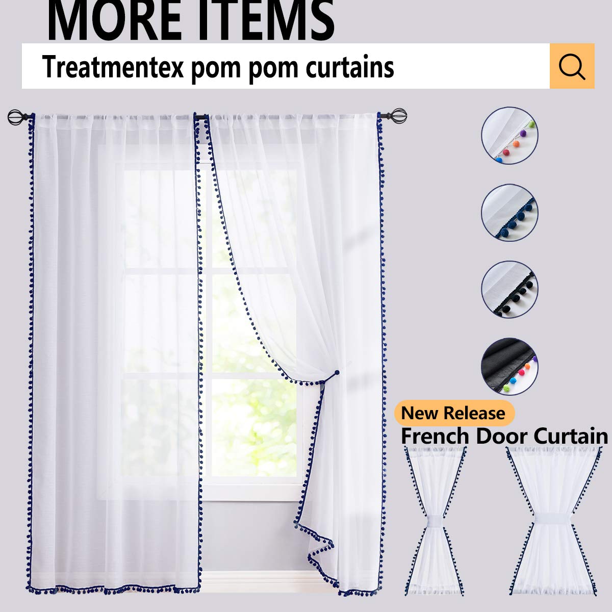 Treatmentex Pom-Pom Grey Sheer Curtains for Bedroom 63" Window Drapes Rod Pocket Textured Sheer Curtain for Kids Room 52" w 2 Panels BST202