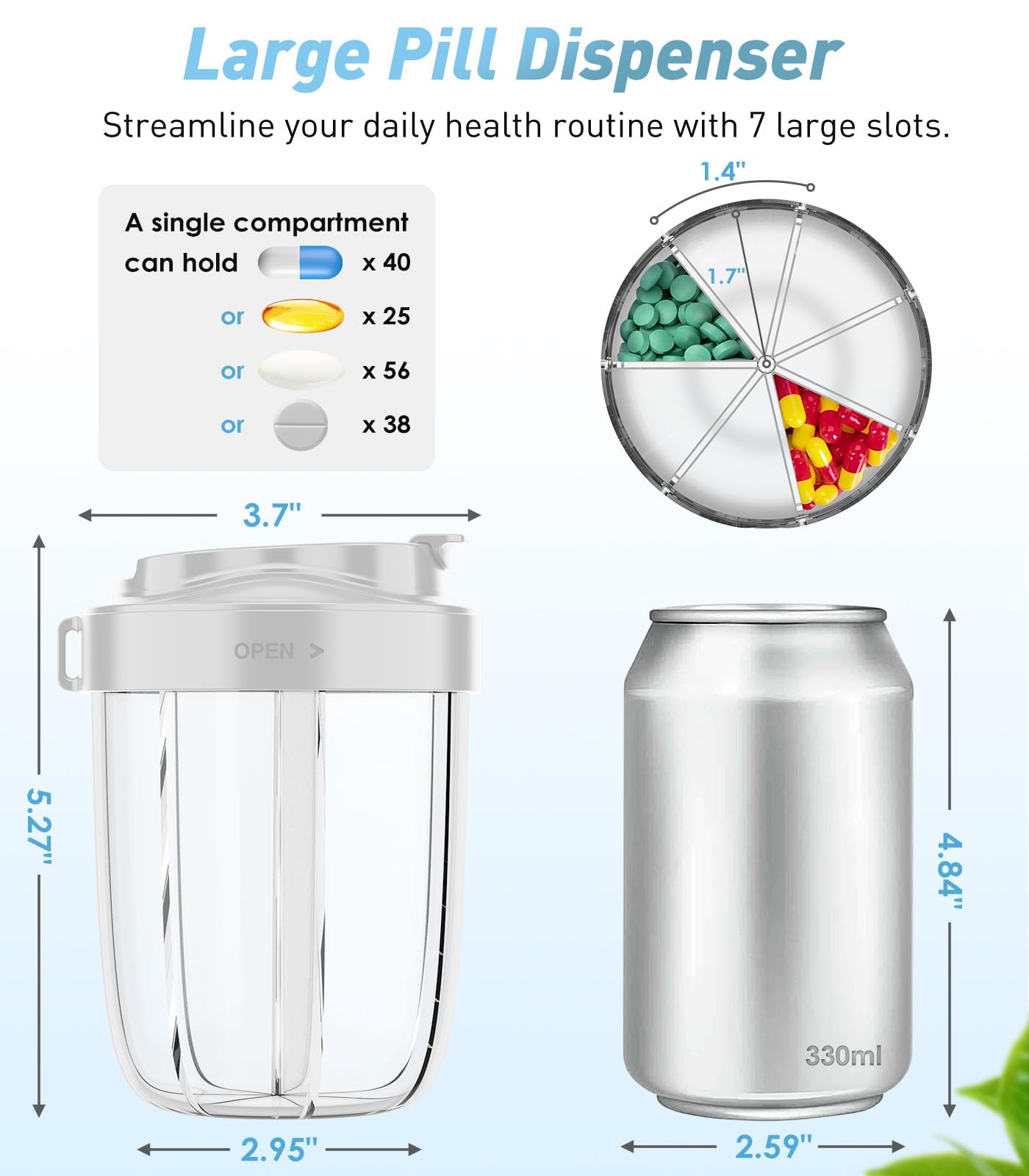 Pill Dispenser with 7 Large Compartments - Portable Pill Organizer for Travel, Anti-Mix Design & Wide Opening Design, Easy Access to Vitamin Dispenser, Includes 20 Blank Stickers (White) WN420