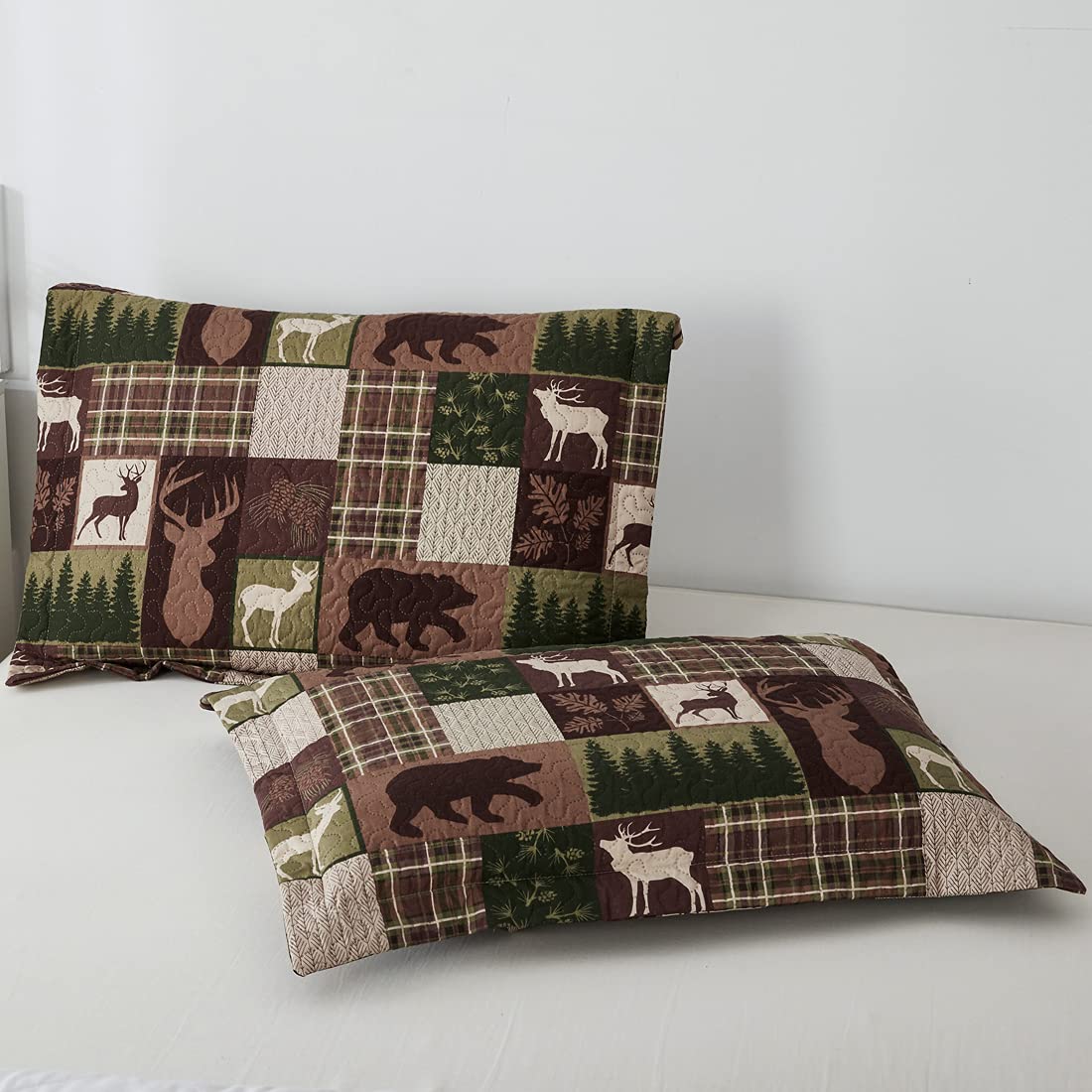 Rustic Moose Quilt Set King Size Lodge Quilt Lightweight Summer Cabin Bedspread Country Bedding Forest Bear Fish Pine Coverlet Daybed Cover Blanket Woodland Home Decor-Brown White BST220