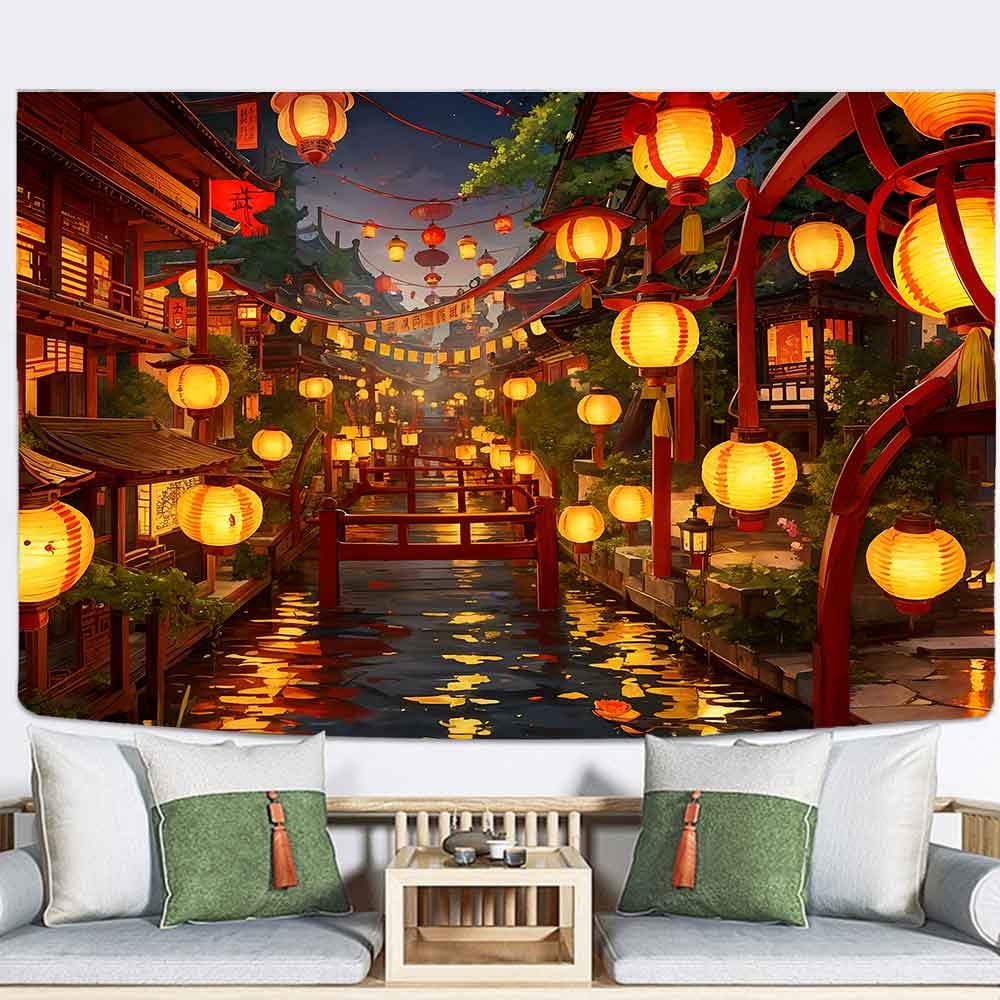 Ine Ive Japanese Tapestry Wall Hanging Large Size 93x71 Inch | Traditional Japan Streets filled with lanterns tapestry for Bedroom Living Room Dorm Office Restaurant Wall Decor BST202