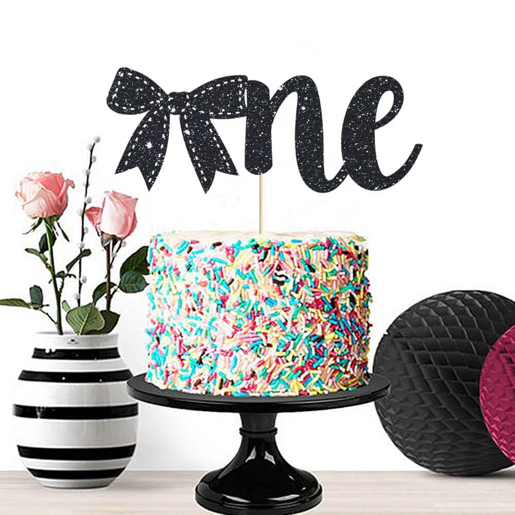Bow 1st Birthday Cake Topper Black Glitter Bow Tie One Cake Topper Coquette One Cake Decorations for Girls Women Princess Baby Shower One Year Old Birthday Party Photo Smash Props BST220