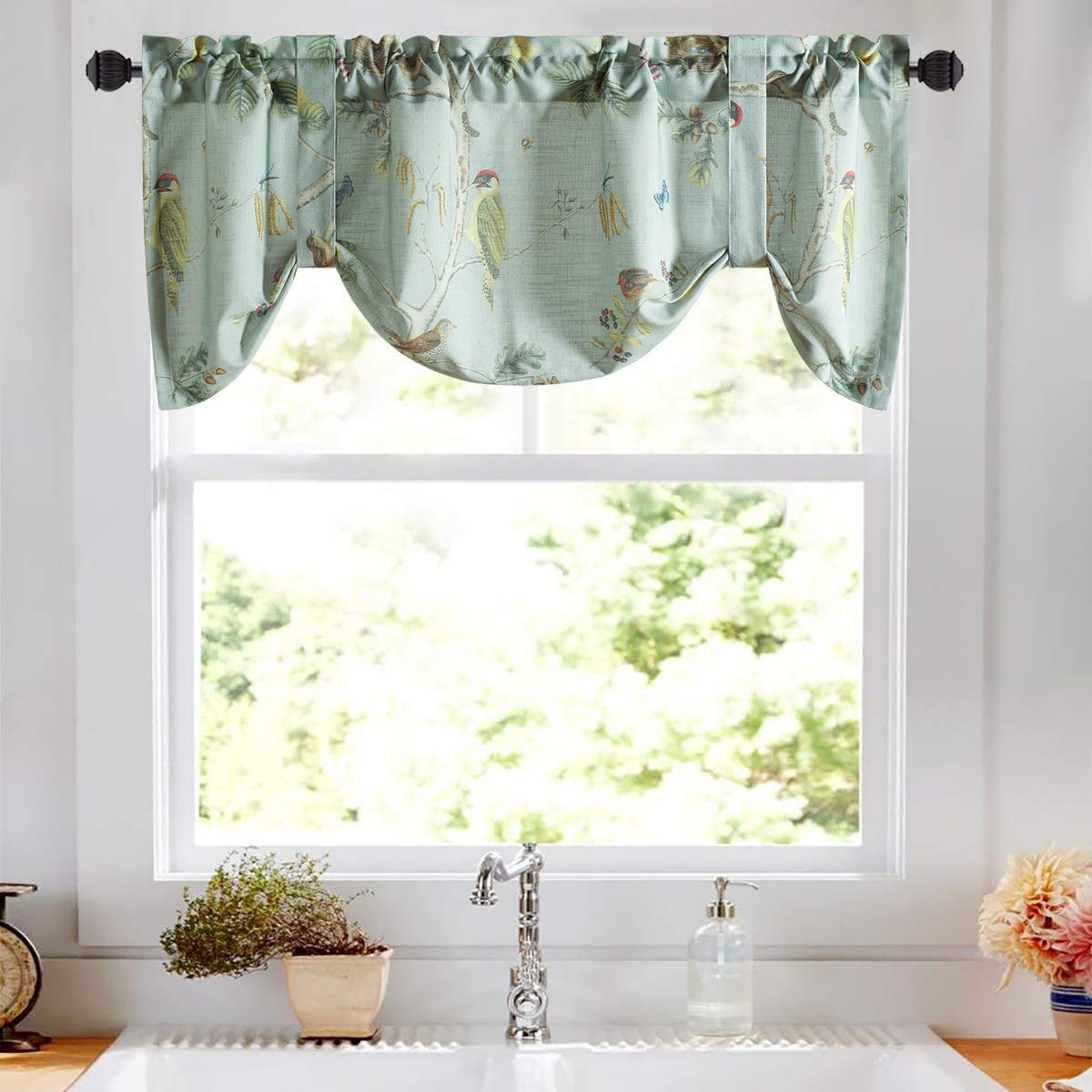 Leeva Tie Up Valance for Windows, Elegant Birds Pattern Light Filtering Window Treatment Valances for Bedroom Kitchen, One Panel, 52 x 18, Light Blue BST220