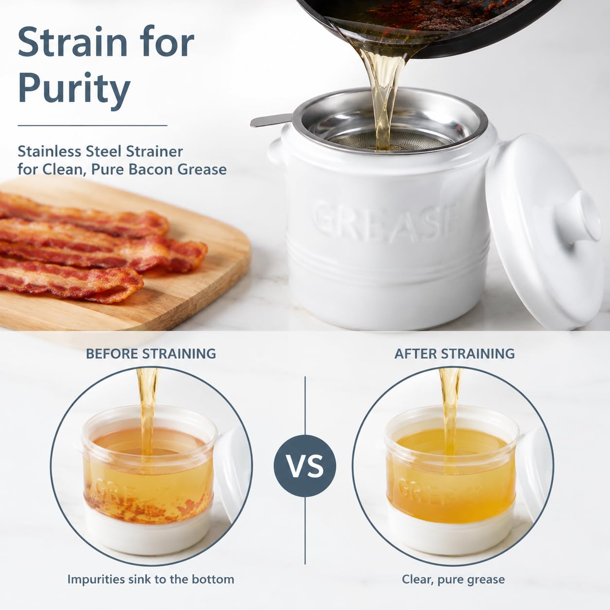 ONEMORE Ceramic Bacon Grease Container with Strainer N25