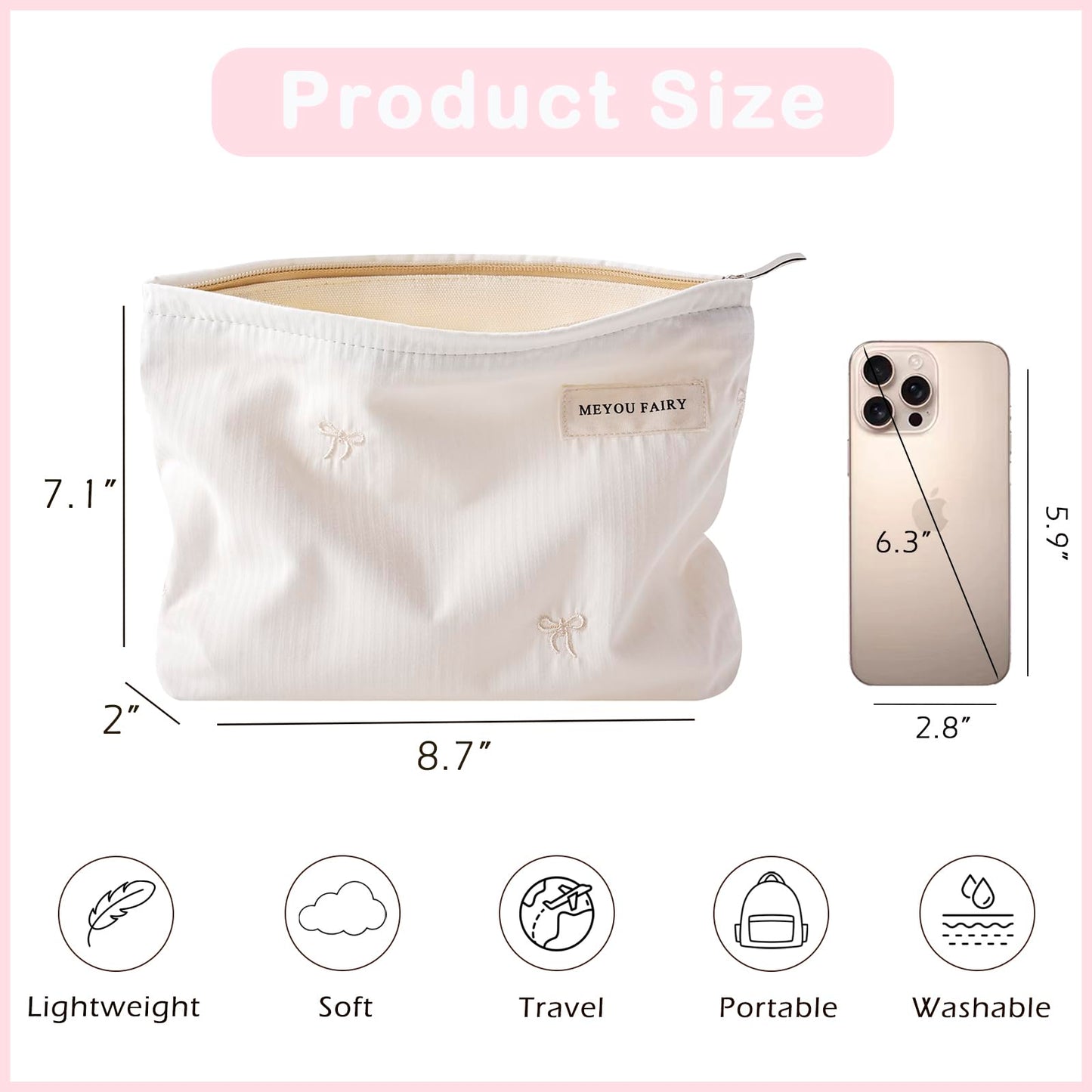 RSRSLEII Striped Makeup Bag for Women, White Cosmetic Bag with Bow, Travel Toiletry Cosmetic Bag with Zipper, Cute Women Aesthetic Organizer Storage Pouch, Girls Handbags Purses (06 White Stripe Bow) BST220