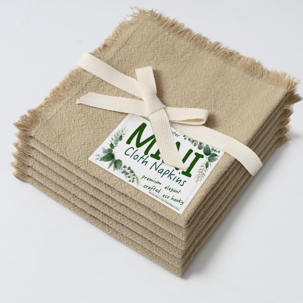 Eco Hanky 10x10in Reusable Small Cotton Napkins (Rustic Fringe), LPK,6pk | Ideal for Kids Napkins for Lunch, Suitable for Dinners, Weddings, Birthday, Cocktail Parties BST220