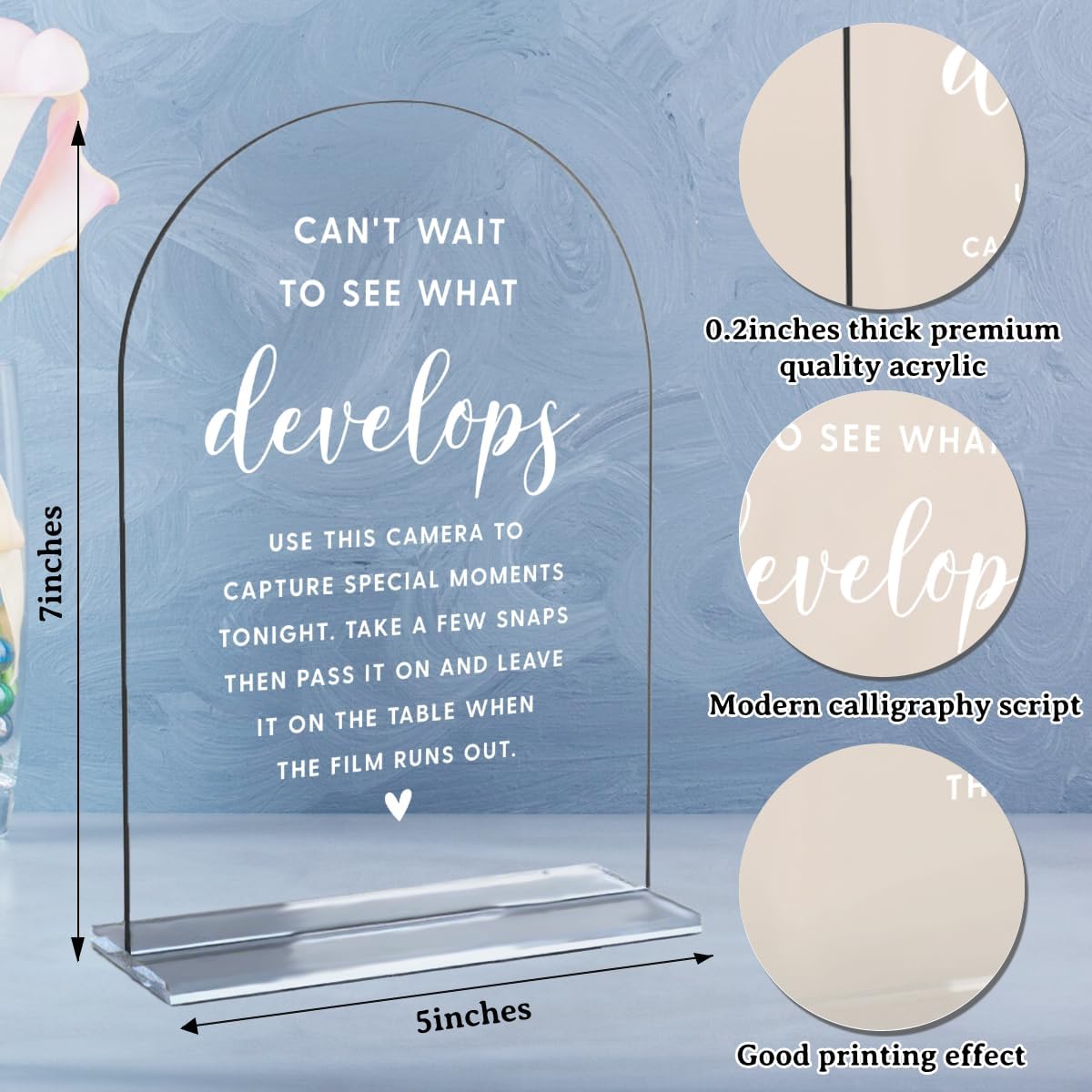 Acrylic Wedding Signs, Bridal Shower Decorations, Modern Arched Round Top Acrylic Table Top Sign with Holder for Wedding Reception Party Dinner - Can't Wait to See What Develops (Clear) BST326L
