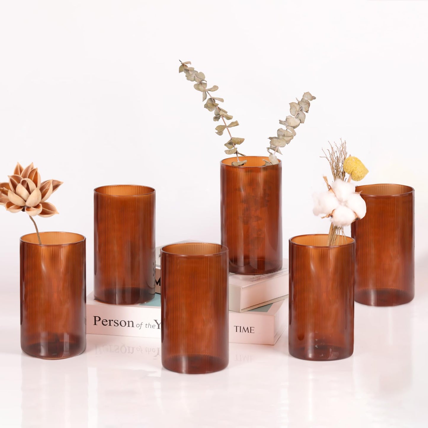 Glass Ribbed Cylinder Vases, 8 Inch Tall, Clear, Pack of 3 | Flower Vases in Bulk, Hurricane Floating Candle Vases, For Party Home Decor BST326H