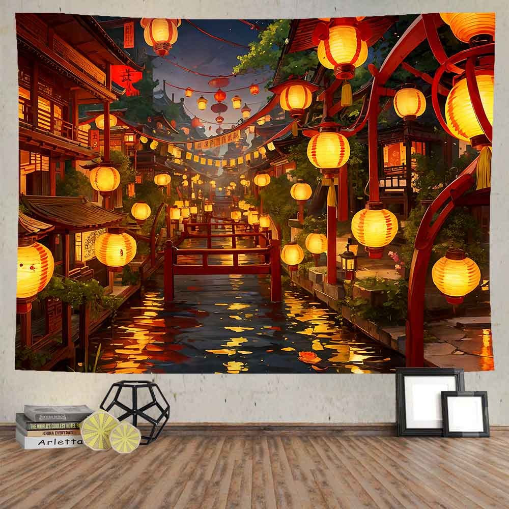 Ine Ive Japanese Tapestry Wall Hanging Large Size 93x71 Inch | Traditional Japan Streets filled with lanterns tapestry for Bedroom Living Room Dorm Office Restaurant Wall Decor BST202