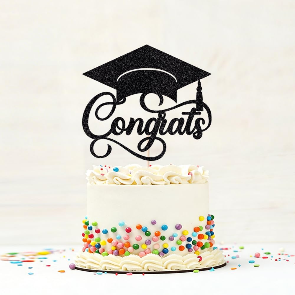 24Pcs Graduation Cupcake Topper, Glitter Class of 2026 Cupcake Topper Supplies for 2026 Congrats Grad Cap Diploma Cake Decor Graduate Celebration Party Cake Decorations Supplies (Black - 24) BST326L