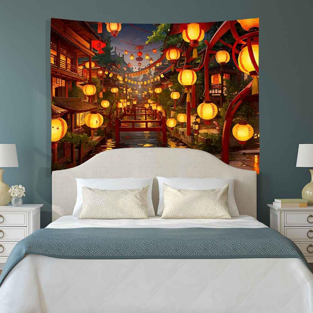 Ine Ive Japanese Tapestry Wall Hanging Large Size 93x71 Inch | Traditional Japan Streets filled with lanterns tapestry for Bedroom Living Room Dorm Office Restaurant Wall Decor BST202