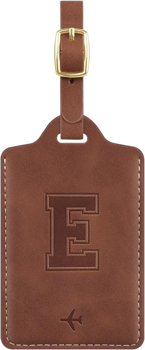 Luggage Tags for Suitcase Embossed Personalized Initial Letter E Travel Tags with 3 Replaceable Name Cards Leather Privacy Bag Tags Travel Essentials Backpack Tags for Women and Men, Brown E BST326L