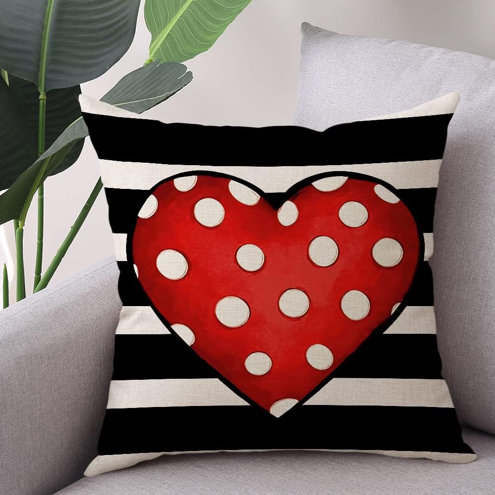 Valentines Day Pillow Covers 18x18 Set of 4 Polka Dot Love Heart Stripe Red Truck Linen Cushion Covers Square Valentine's Day Decoration Pillowcase for Sofa in-Outdoor Home Décor BST326L