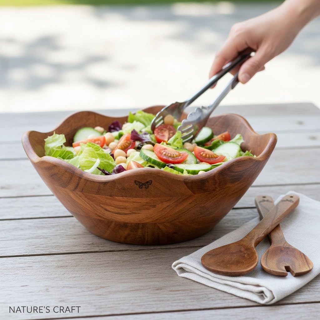 Melvvi Large Wooden Salad Bowl Set with 2 Serving Utensils | 12" Acacia Wood Bowls for Food | Great Mothers Day gift (Natural Set of 3) BST220
