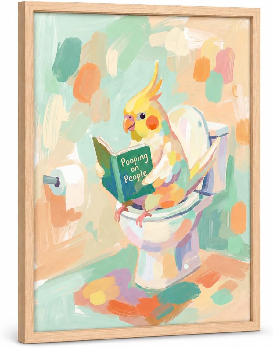 Framed Funny Parrot Bathroom Wall Art Cute Cockatiel Whimsical Canvas Print | Cute Bird Painting Natural Wood Frame Whimsical Animal Picture Playful Wall Decor for Bathroom Kids Room Nursery12x16Inche BST326H