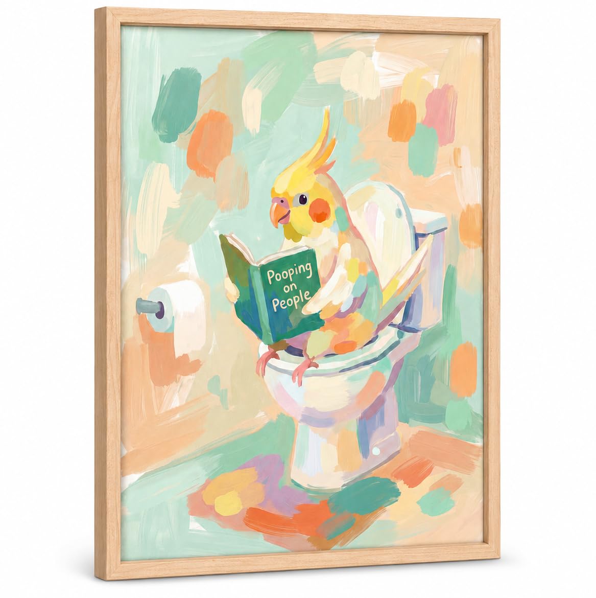Framed Funny Parrot Bathroom Wall Art Cute Cockatiel Whimsical Canvas Print | Cute Bird Painting Natural Wood Frame Whimsical Animal Picture Playful Wall Decor for Bathroom Kids Room Nursery12x16Inche BST326H