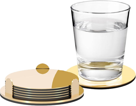 Gold Coasters for Coffee Table, Stainless Steel with Holder, Set of 6 | Modern Mirror Finish, Non-slip EVA Base Protects Tables, 3.54in Stainless Steel Fits Wedding Drinks, Coffee Mugs, Teacups BST220