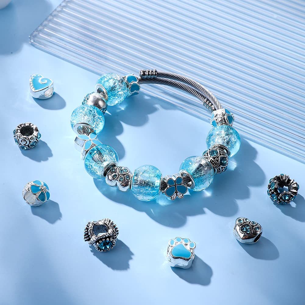 60 Pieces Assorted European Beads with Plating Silver Metal Alloy Rhinestone Large Hole Spacer Beads for DIY Charm Bracelet Jewelry Making (Blue) BST220