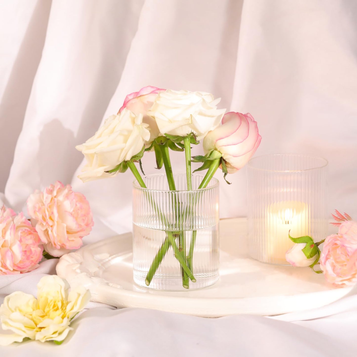 Glass Ribbed Cylinder Vases, 8 Inch Tall, Clear, Pack of 3 | Flower Vases in Bulk, Hurricane Floating Candle Vases, For Party Home Decor BST326H