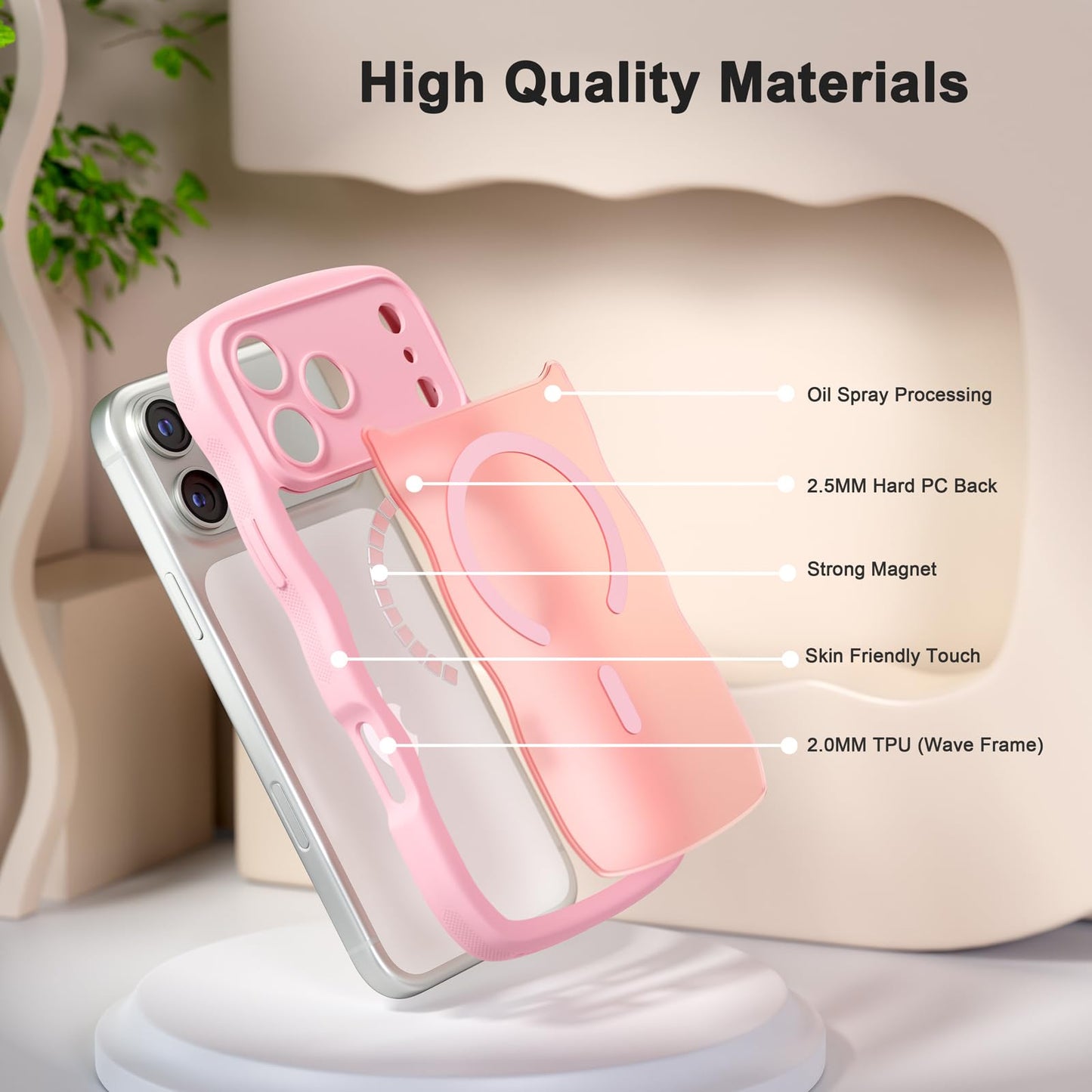 QVLANG Case for iPhone 16 Pro Max, Cute Wave Cover Case, Upgraded[Full Camera Protection][Compatible with Magsafe][Military Grade Protection][Translucent Matte] Phone Case for Women Girls, Hot Pink WN420