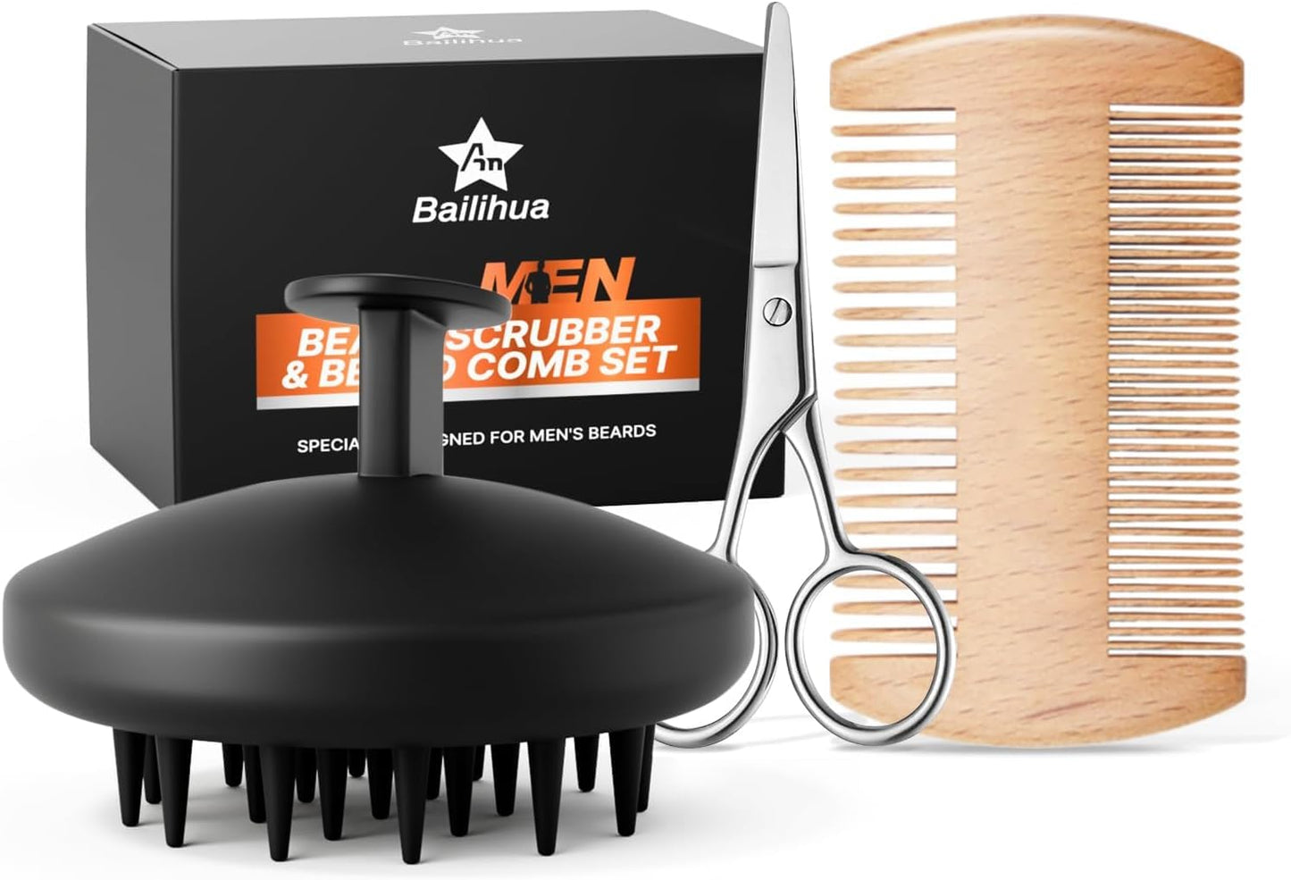 Beard Scrubber Brush Kit for Men, Silicone Beard Brush & Scalp Massager, Beard Exfoliator for Beardruff, Beard Shampoo Brush with Dual-Sided Comb and Mustache Scissors, 3 Piece Grooming Set WN420
