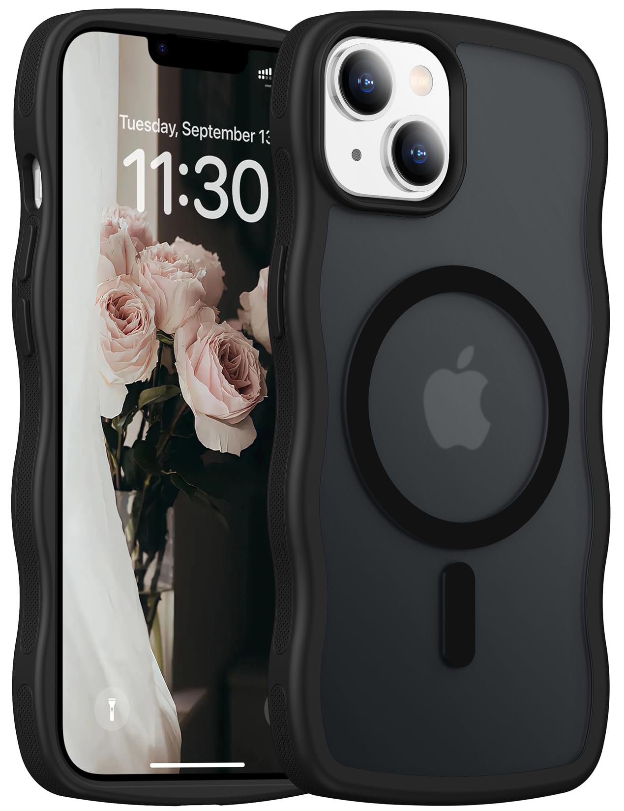 Magnetic for iPhone 13 Pro Case, Compatible with MagSafe Cute Wave Non-Slip Translucent Matte Easier Grip Shockproof Phone Case for iPhone 13 Pro, Black WN420
