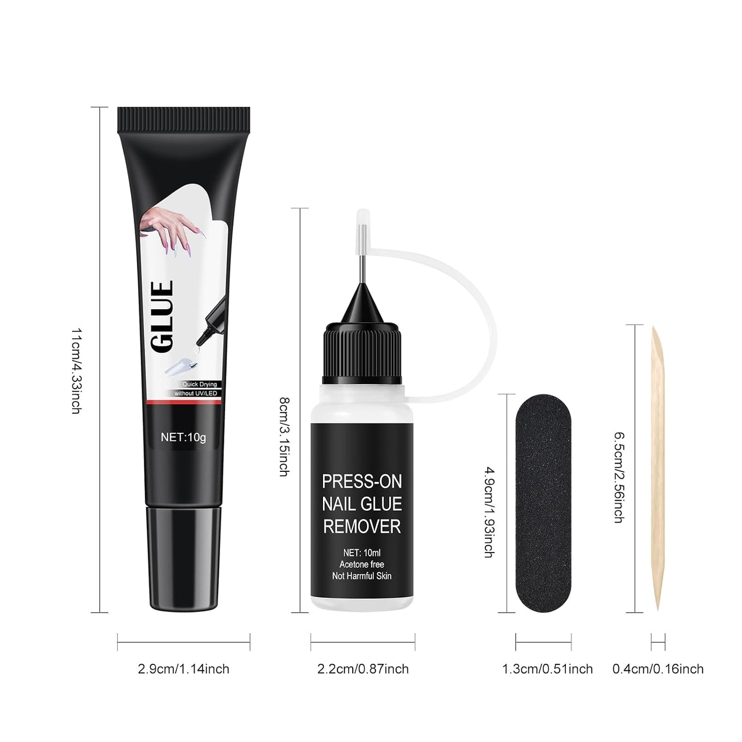 Semi-Solid Glue and Remover Kit with Stick for Press ons, No U/V Light Needed Quick Dry Fake Nail Tips Glue and Non-Acetone Remover with Precision Tips (10ml+10g) WN420