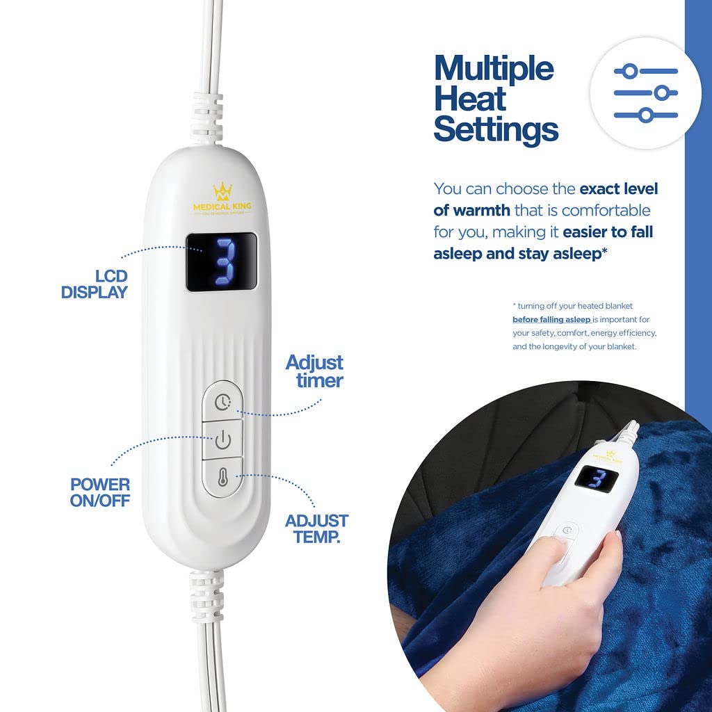 Medical king Heated Blanket, Machine Washable Extremely Soft & Comfortable Electric Blanket Throw Fast Heating with Hand Controller 10 Heating Settings & auto Shut-Off (Blue, 50 x 60) BST220