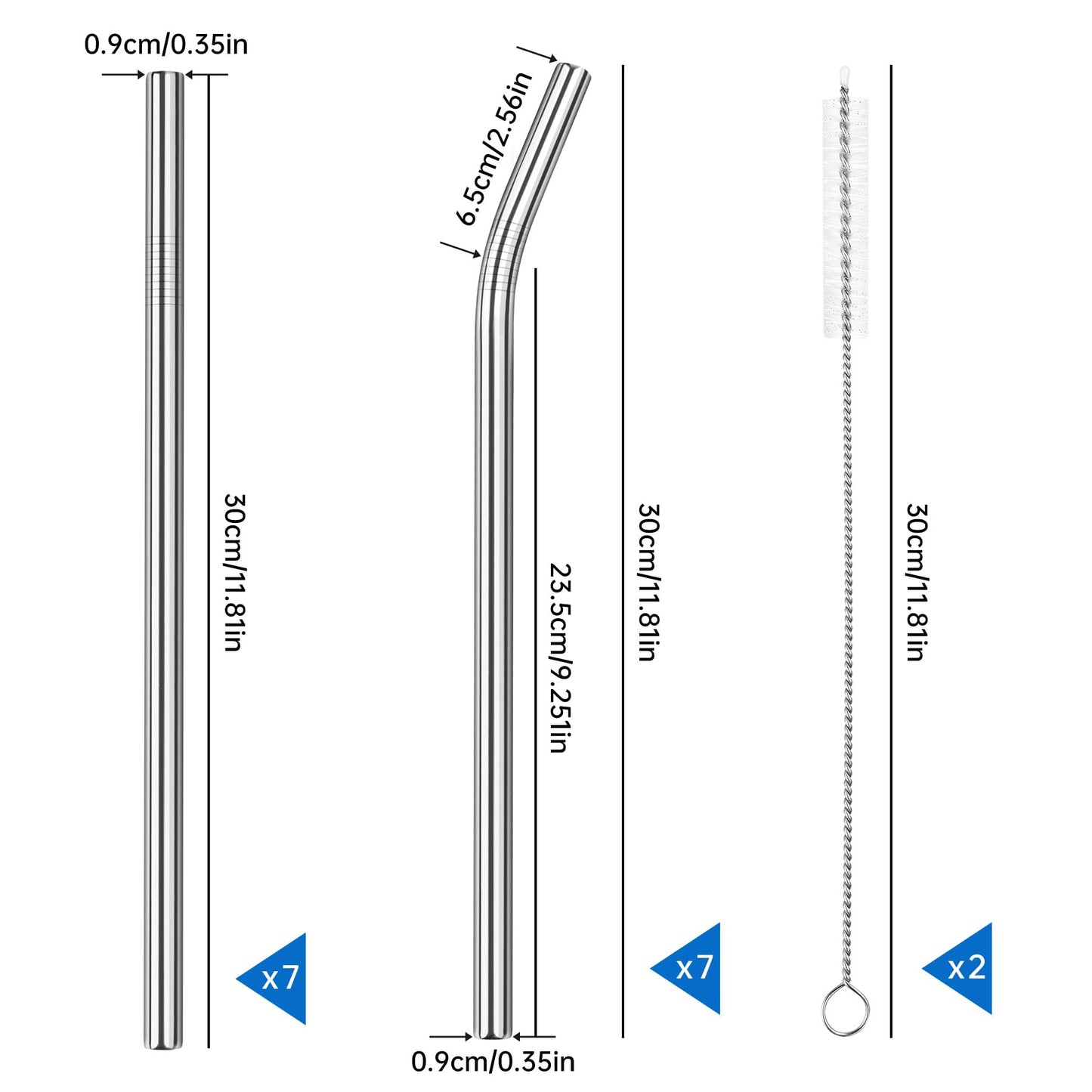 Tomorotec 14PCS Stainless Steel Straws Fit for 30oz Stanley Tumblers | 11" Reusable Drinking Straws with Brush, 7 Bent & 7 Straight for Smoothies, Milkshakes, Coffee, Dishwasher Safe (Metallic) BST326L